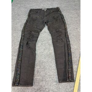 Preme Mens Moto Distressed Jeans Black Rhinestone Side Stripe 36x33 Streetwear